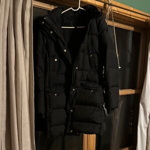 J. Crew Black Puffer Coat with Gold Accents